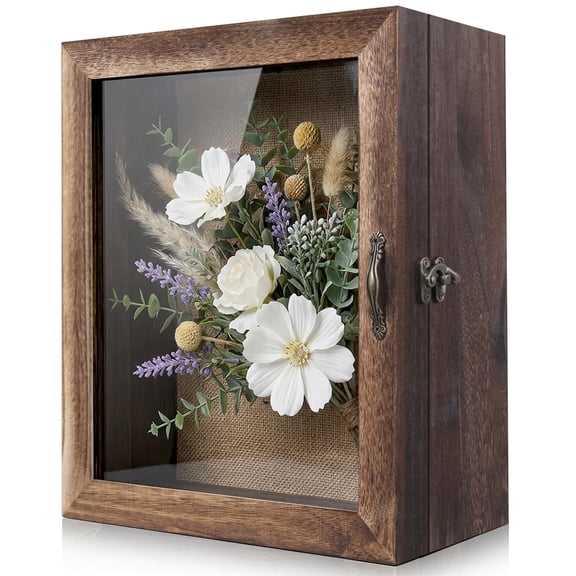 Shadow Box Frame 11x13 Display Case, 4.7 Inch Deep, Rustic Burnt Wood Memory Box with Real Glass Door, Linen Back, Vintage Latch, Wall Mounted or Tabletop, 10 Pins for Photos and Memorabilia