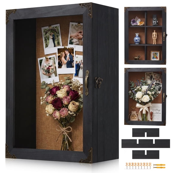 Shadow Box Frame 11x13 Display Case, 4.7 Inch Deep, Rustic Burnt Wood Memory Box with Real Glass Door, Linen Back, Vintage Latch, Wall Mounted or Tabletop, 10 Pins for Photos and Memorabilia