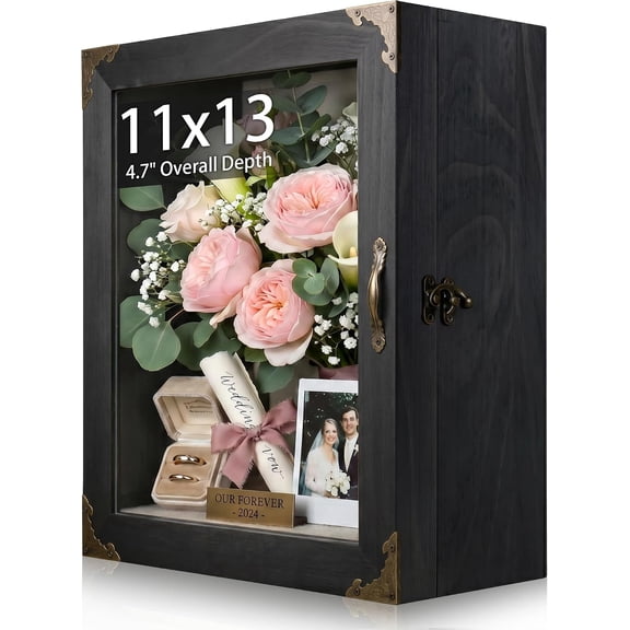 Shadow Box Frame 11x13, Overall Depth 4.7" Deep Display Case with Glass Door, Solid Wood for Memorabilia, Keepsakes, Medals, Photos and Collectibles