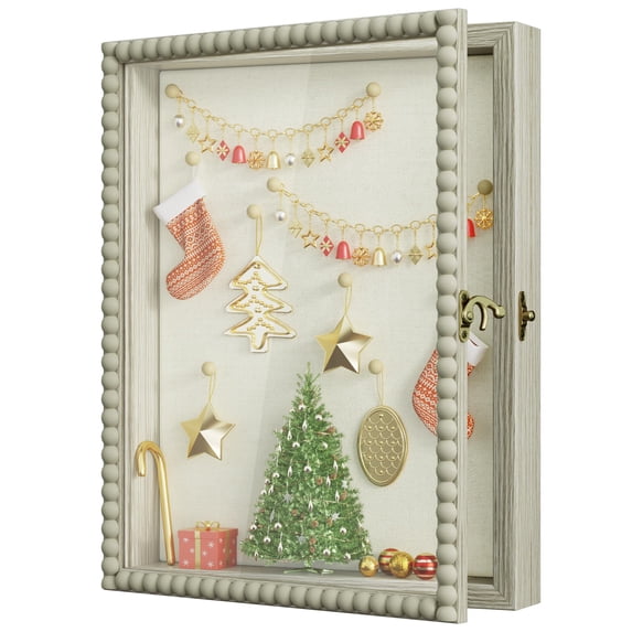 Shadow Box Frame 11x14 Deep Large Display Case With Beads Door And Glass Window Wood Memory For Pictures Medals Memorabilia Collections Rustic Grey