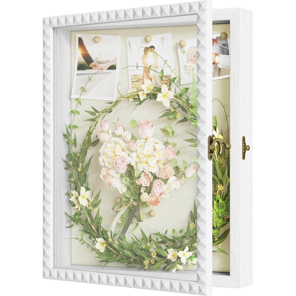 Shadow Box Frame 11x14 Deep Large Shadow Box Display Cases Wood Memory Box with Diamond Shape Door Vintage Lock for Graduation Medals Photos Baby Wedding Flower Pet Memorial Keepsakes White