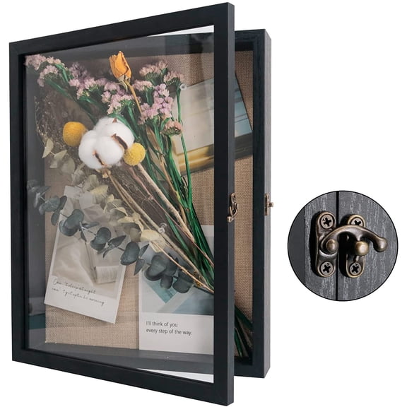 Shadow Box Frame 11x14 Display Case with Linen Back, Real Glass Window Door with Hinge, Picture Frame Wedding Bouquet Memorabilia Medals Photos Memory Box for Keepsakes, Rustic Black