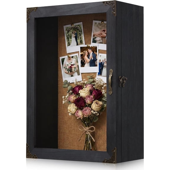 Shadow Box Frame 12x16, 4.7-inch Depth, Black Solid Wood Shadow Box Display Case with Removable 6-Grid Shelves, Vintage Metal Corner Guards, Handle & Lock, Extra Deep Large Shadow Box for Medals