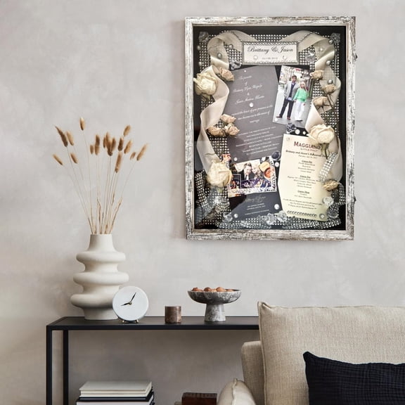 Shadow Box Frame 18x24 Display Case with Linen Back, Plexiglass Window Door with Hinge, Picture Frame Wedding Bouquet Memorabilia Medals Photos Memory Box for Keepsakes Rustic White