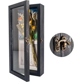Shadow Box Frame 5x12.5 Display Case with Linen Back, Real Glass Window Door with Hinge, Picture Frame Wedding Bouquet Memorabilia Medals Photos Memory Box for Keepsakes, Rustic Black