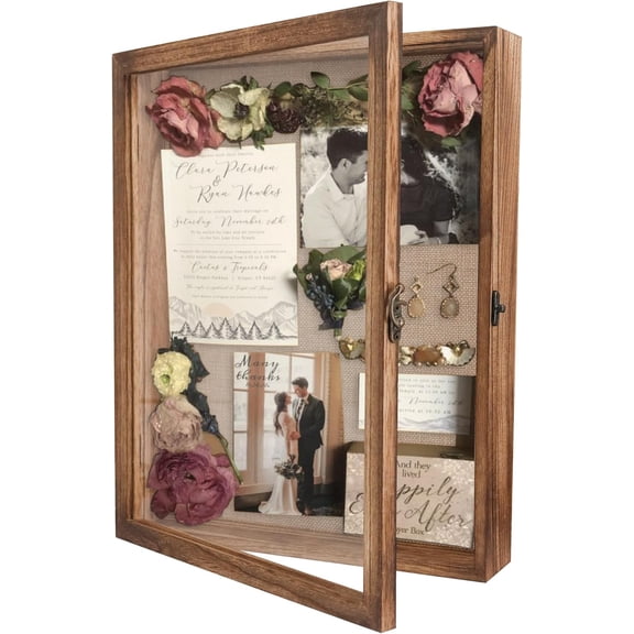 Shadow Box Frame 5x12.5 Display Case with Linen Back, Real Glass Window Door with Hinge, Picture Frame Wedding Bouquet Memorabilia Medals Photos Memory Box for Keepsakes, Rustic Black
