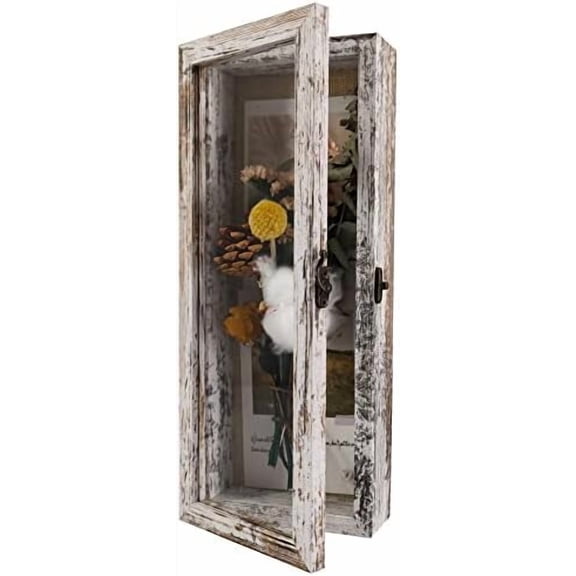 Shadow Box Frame 5x12.5 Display Case with Linen Back, Real Glass Window Door with Hinge, Picture Frame Wedding Bouquet Memorabilia Medals Photos Memory Box for Keepsakes, Rustic White