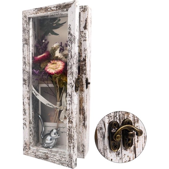 Shadow Box Frame 5x12.5, Wood Shadow Box Display Case with Glass Window Metal Lock, Memory Box for Memorabilia Awards Medals Photos Rustic White