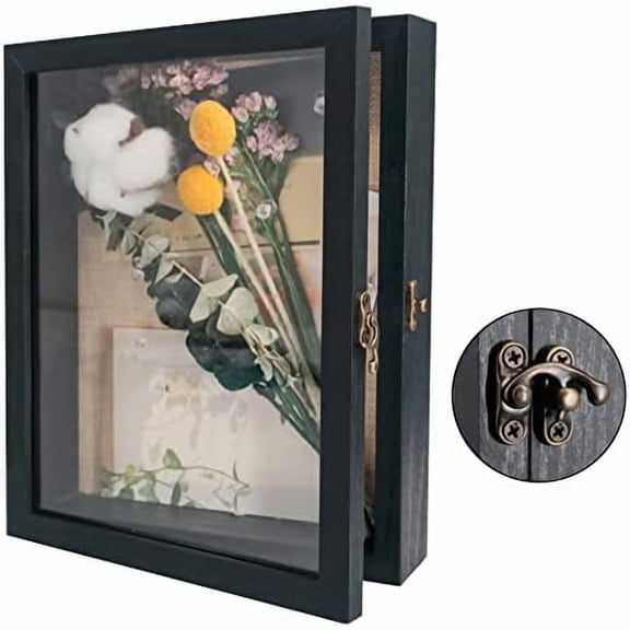 Shadow Box Frame 8x10 Display Case with Linen Back, Real Glass Window Door with Hinge, Picture Frame Wedding Bouquet Memorabilia Medals Photos Memory Box for Keepsakes, Rustic Black
