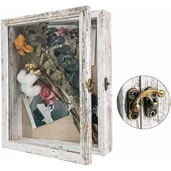 Shadow Box Frame 8x10 Display Case with Linen Back, Real Glass Window Door with Hinge, Picture Frame Wedding Bouquet Memorabilia Medals Photos Memory Box for Keepsakes, Rustic White