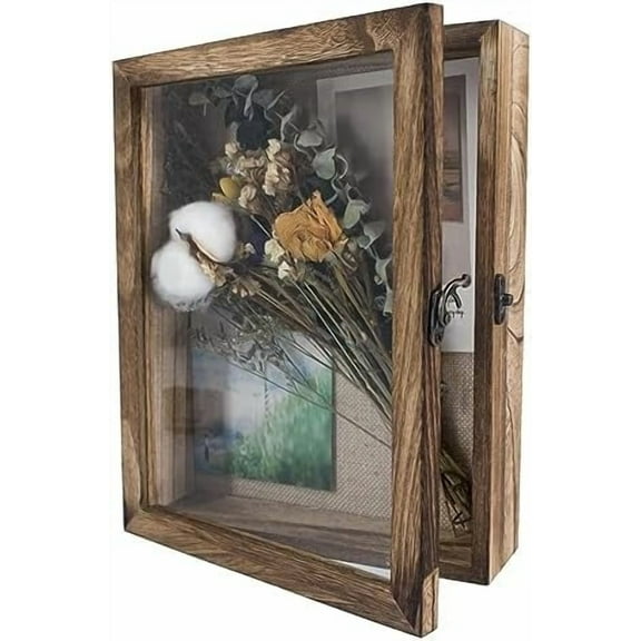 Shadow Box Frame 8x10 Display Case with Linen Back, Real Glass Window Door with Hinge, Picture Frame Wedding Bouquet Memorabilia Medals Photos Memory Box for Keepsakes, Carbonized Black