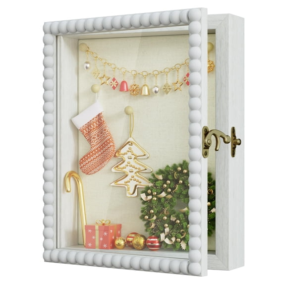 Shadow Box Frame 8x10 Wood Deep Display Case With Beads Door And Glass Window Memory For Pictures Medals Memorabilia Collections White