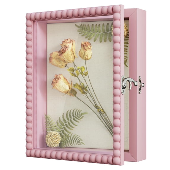 Shadow Box Frame 8x10 Wood Deep Display Case With Beads Door And Glass Window Memory Gift For Pictures Medals Memorabilia Collections Pink