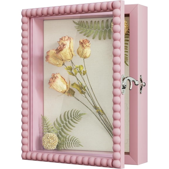 Shadow Box Frame 8x10,Wood Deep Shadow Box Display Case with Unique Beads Door and Glass Window, Memory Box Gift for Pictures,Medals,Memorabilia,Collections Pink