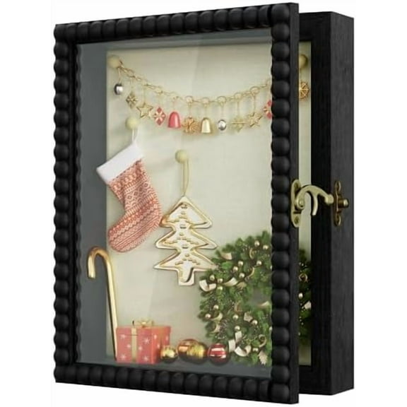 Shadow Box Frame 8x10,Wood Deep Shadow Box Display Case with Unique Beads Door and Glass Window, Memory Box for Pictures,Medals,Memorabilia,Collections Black
