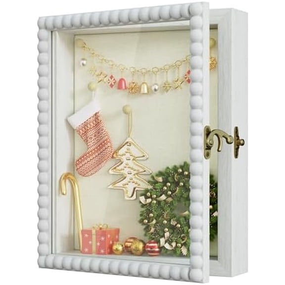 Shadow Box Frame 8x10,Wood Deep Shadow Box Display Case with Unique Beads Door and Glass Window, Memory Box for Pictures,Medals,Memorabilia,Collections White