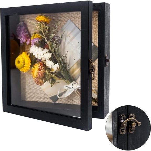 Shadow Box Frame 8x8, Wood Shadow Box Display Case with Glass Window Metal Lock, Memory Box for Memorabilia Awards Medals Photos Black