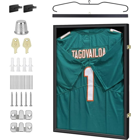 Shadow Box Frame, Jersey Frame, Display Case, Jersey Display Extra Large Frame 32’’ x 24’’ with Locks, Hangers, Velvet Pinboard, and Wall Mount for Jersey and Uniform (Set of 1)