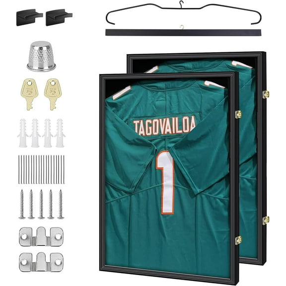 Shadow Box Frame, Jersey Frame, Display Case, Jersey Display Extra Large Frame 32’’ x 24’’ with Locks, Hangers, Velvet Pinboard, and Wall Mount for Jersey and Uniform (Set of 2)
