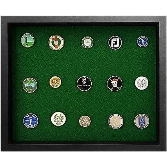 Golf Ball Marker Shadowbox Display | Holds Flat or Pegged Ball Markers | Five Color Options | Acrylic Cover | Made in USA | Measures approximately 11" W x 9" H