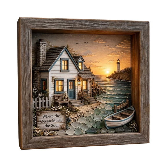 Shadow Box with Light, Coastal Lighthouse Sea Glass Box Night Light, Beach Ocean Decor Ambient Lamp, Handmade Seascape Art Frame Decorative Warm Glow Bedroom Living Room Shelf Entryway Gift
