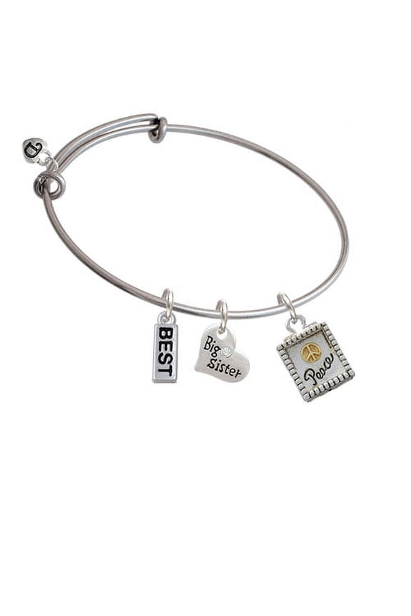Shadow Box ''Peace'' with Gold Tone Peace Sign Big Sister Heart Expandable Bangle Bracelet