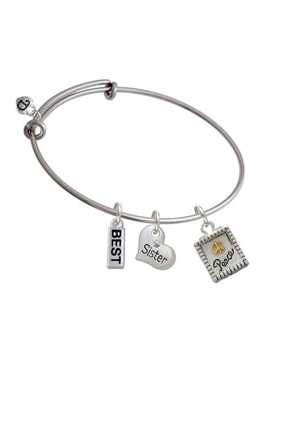 Shadow Box ''Peace'' with Gold Tone Peace Sign Sister Heart Expandable Bangle Bracelet