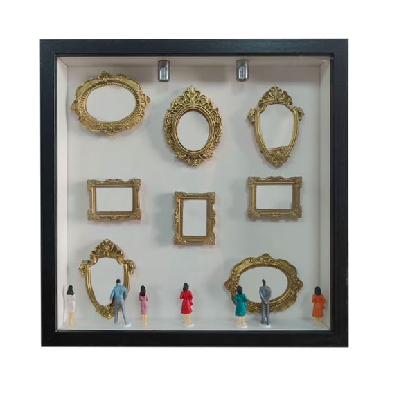 Shadow Box Picture Frame, Miniature Display Case, 12inSquare Wood Frames, Mini Lights, Mini Gold Picture Frames, Figurine Display Shelf, Picture Display, Tabletop Picture