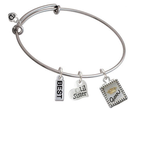 Shadow Box ''Queen'' with Gold Tone Crown Lil Sister Heart Expandable Bangle Bracelet