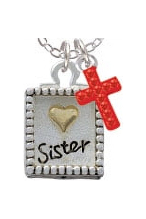 Shadow Box ''Sister'' with Gold Tone Heart - Red Crystal Cross Sophia Necklace, 18"+1"