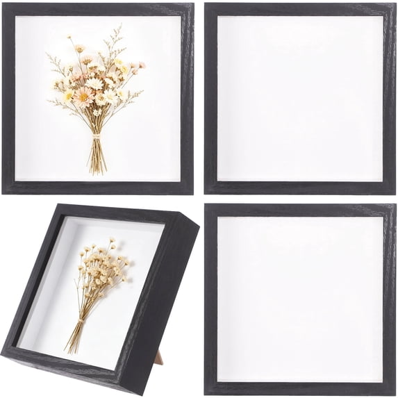 4 Pack Shadow Box Frame, 8.7 x 8.7 in Black Shadow Box with 1.2 in Inner Depth, Double-Sided Clear Wood Deep Picture Frame for 3D Artworks, Dried Flower Specimens, Home Wall Tabletop Decor