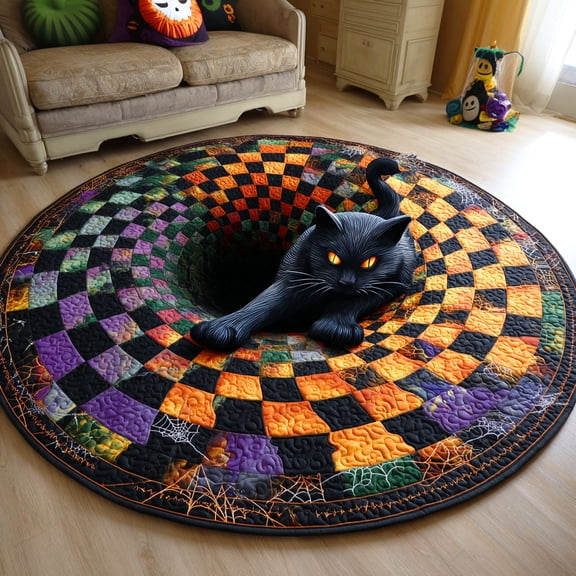 Shadow Cat Quilted Round Mat, Black Cat Round Floor Mat, Mysterious Halloween Home Decor Rug, Quilted Area Carpet for Bedroom Living Room