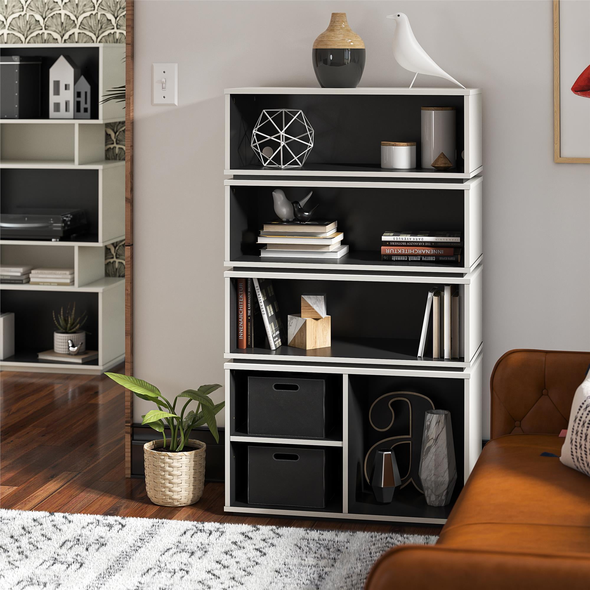 White and Black Adjustable Wood Display Storage Unit