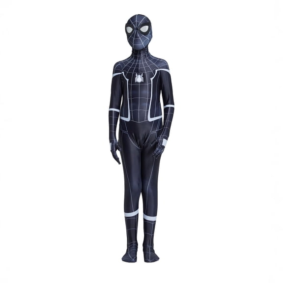 Boys Shadow Spider Hero Cosplay Costume Black Battle Suit with 3D Mask, Spandex Battle Jumpsuit for Halloween Dress Up, Black, 100