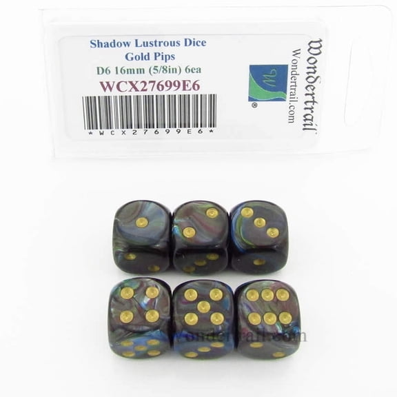 Shadow Lustrous Dice with Gold Pips 16mm (5/8in) D6 Set of 6 Wondertrail