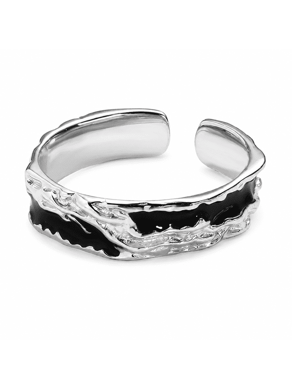 Shadow Qinggang Silver Ring Adjustable Open Band Hypoallergenic Matte Black Enamel Wave Textured Punk Jewelry for Men and Women, Daily Streetwear & Couples Gift