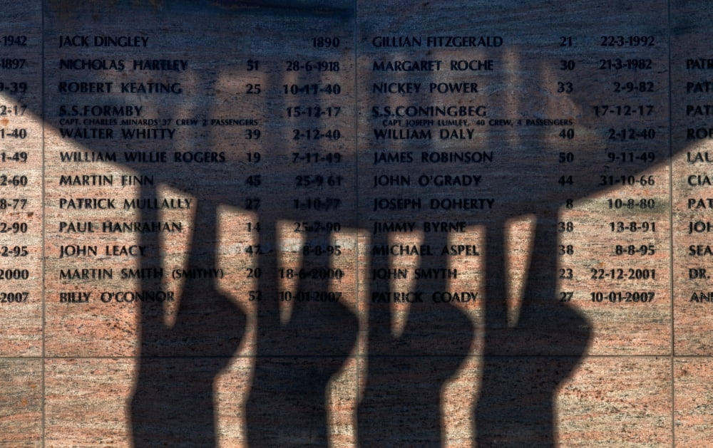 Shadow of the fishermens memorial and wall of honour Dunmore East Fishing Port County Waterford Ireland Canvas Art - Panoramic Images (11 x 17)