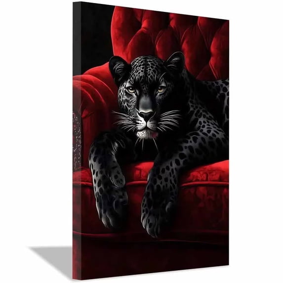Shadowed Leopard Lounging Red Velvet Tufted Chair Framed Canvas Wall Print,Moody Fauna Artwork for Lounge Office Restroom Styling Ready to Hang-12"L x 8"W