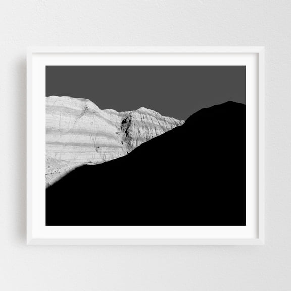 Shadowed Peaks in Badlands National Park - South Dakota Photography Black and White Silhouette Mountain Nature Landscape Minimalist Desert White Framed Wall Art Print 18 x 24 inches