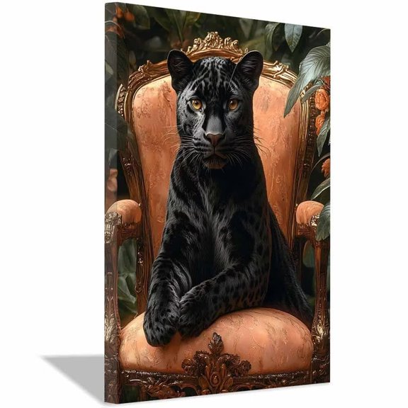 Shadowed Spotted leopard Vintage Gilded Armchair Canvas Wall Poster,Luxe Jungle Artwork for Washroom Flat Lounge Furnishings Ready to Hang-12"L x 8"W