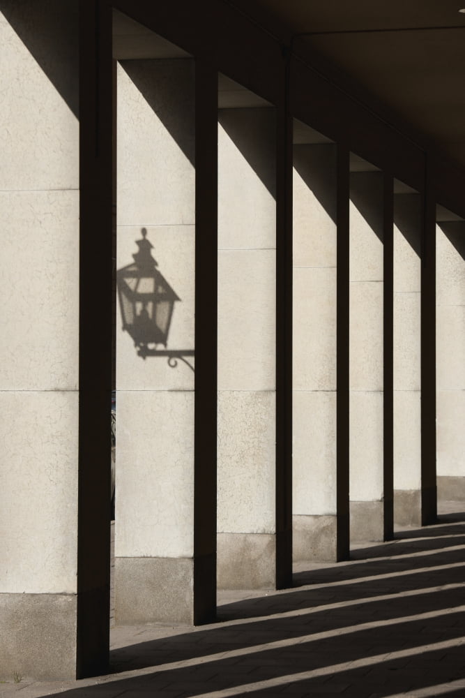 Shadows Cast By Sunlight Shining On Pillars And A Lantern Stockholm Sweden Canvas Art - Keith Levit Design Pics (12 x 19)
