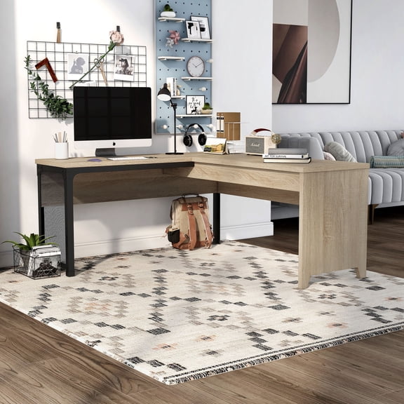 Shadowstone Wood L-Shape Desk, Natural Oak