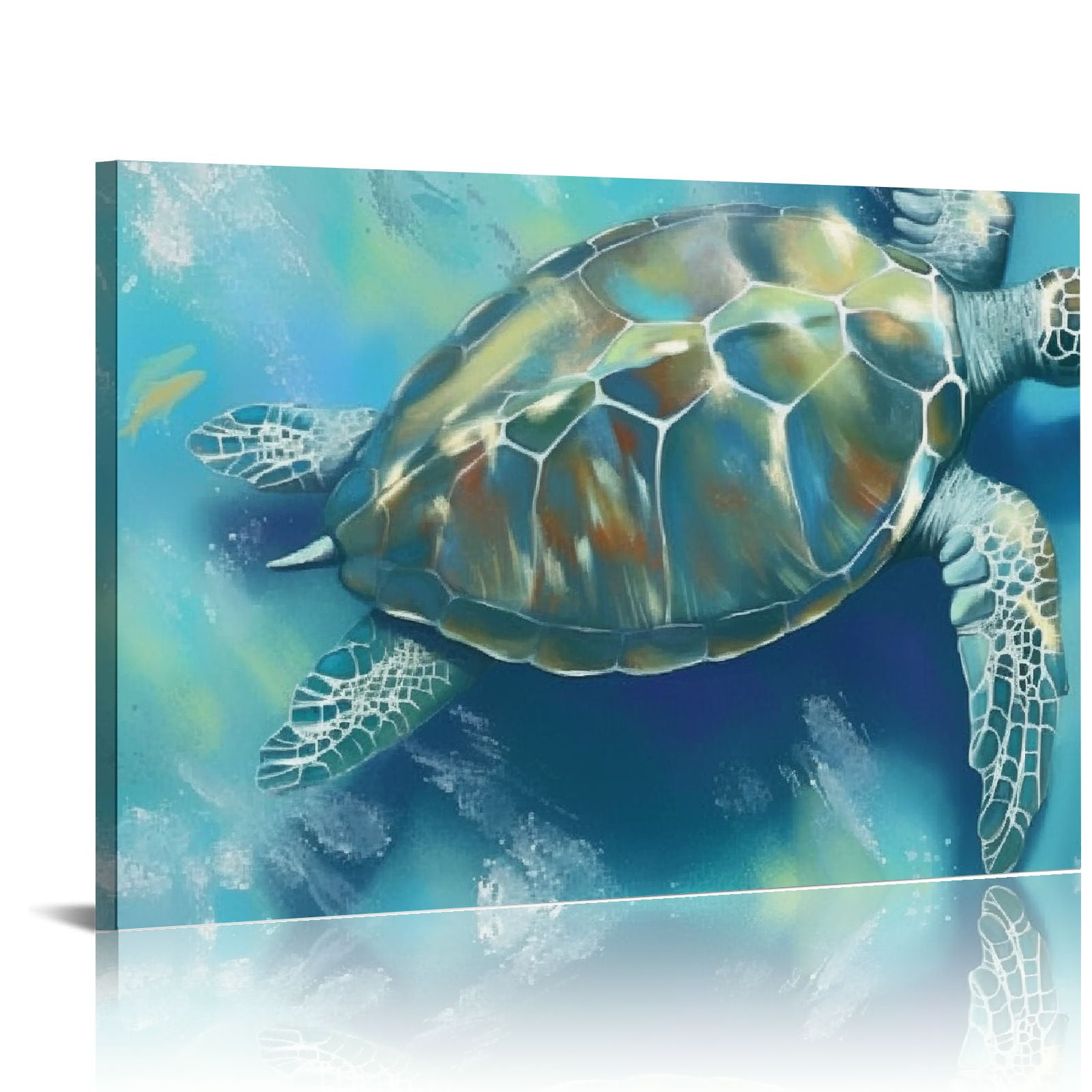 Large Blue and Green Sea Turtle Canvas Print with Pine Frame