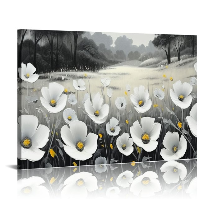 Shadudu Black and White Flower Canvas Wall Art With Black Wood Frames