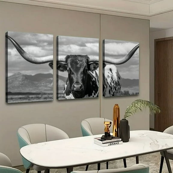 Shadudu Black and White Longhorn St Canvas Prints Wall Art Triptych 16x24in 3pc With Frame Inside 16x24x3pcs