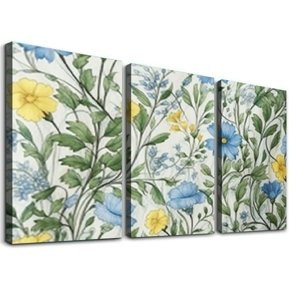 Shadudu Blue Flowers Yellow Flowers Green and Yellow Flowered Design Canvas Prints Wall Art Triptych Set for Living Room Bedroom Office Decor 12"x16"x3pcs