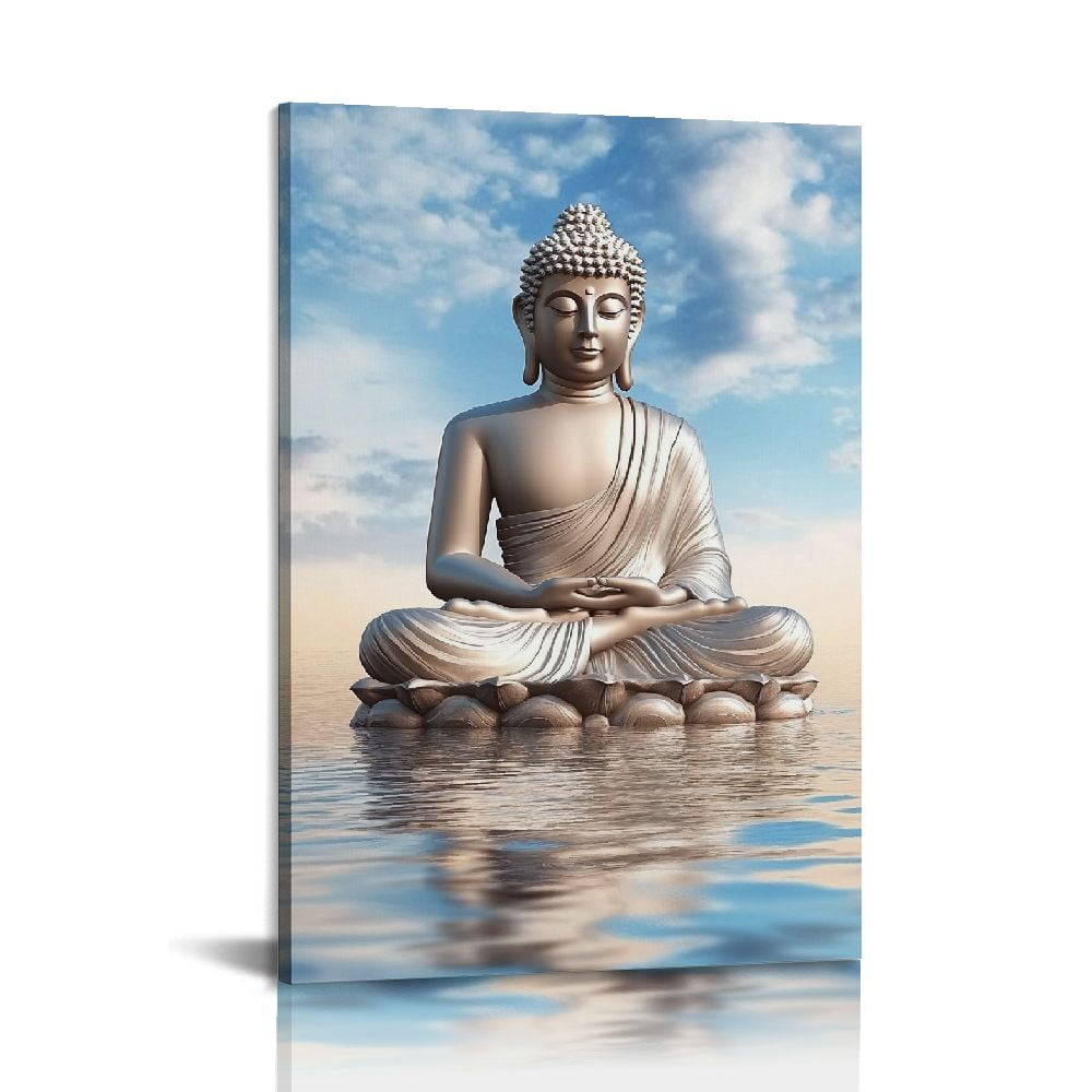 Shadudu Buddha Canvas Wall Art Zen Statue on Water Pictures Print Blue ...