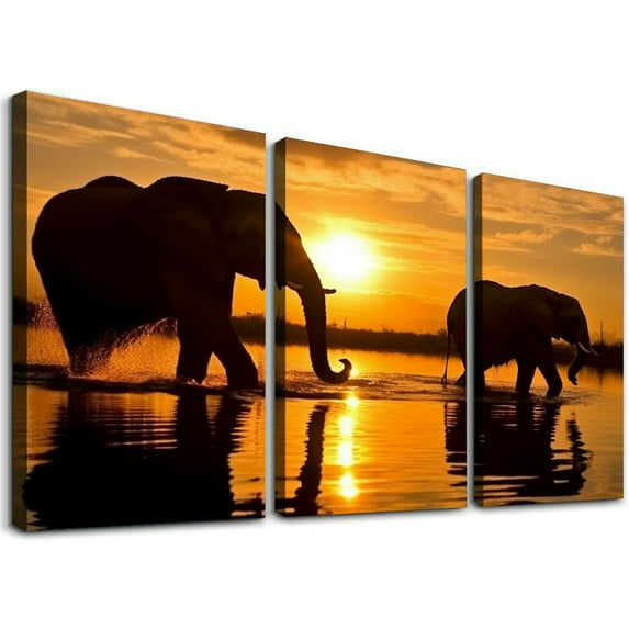 Shadudu Elephants Sunset Wildlife Photography Canvas Wall Art Triptych Set Living Room Bedroom Decor 12"x16"x3pcs