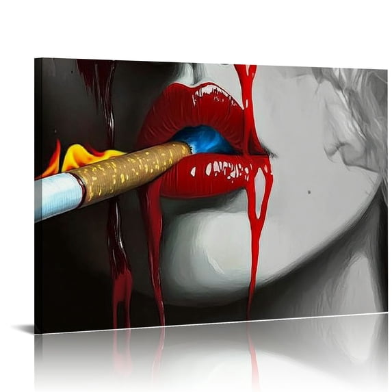 Shadudu Fashion Canvas Prints Woman Smoking Wall Art with Burning Money Dollars Black and White Paintings Abstract for Bar Art Toilet Bathroom Walls Decor Ready to Hang 36x24in