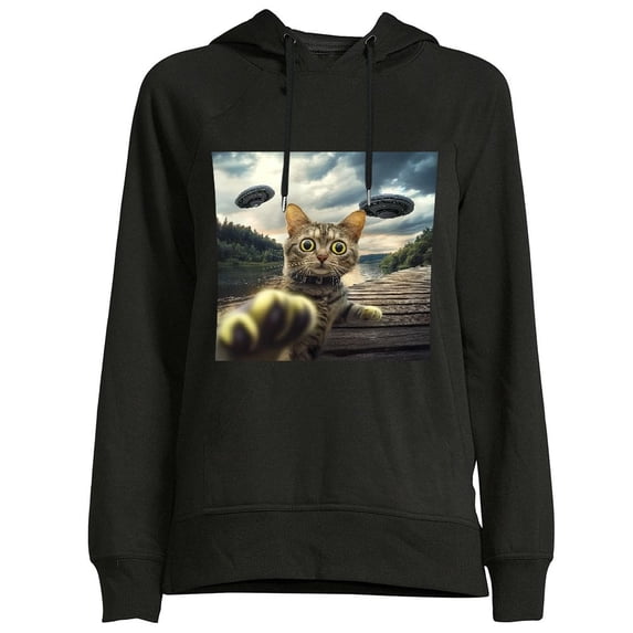 Shadudu Funny Animal UFO Fall White Sweatshirt Hoodie Women's Black 3XL
